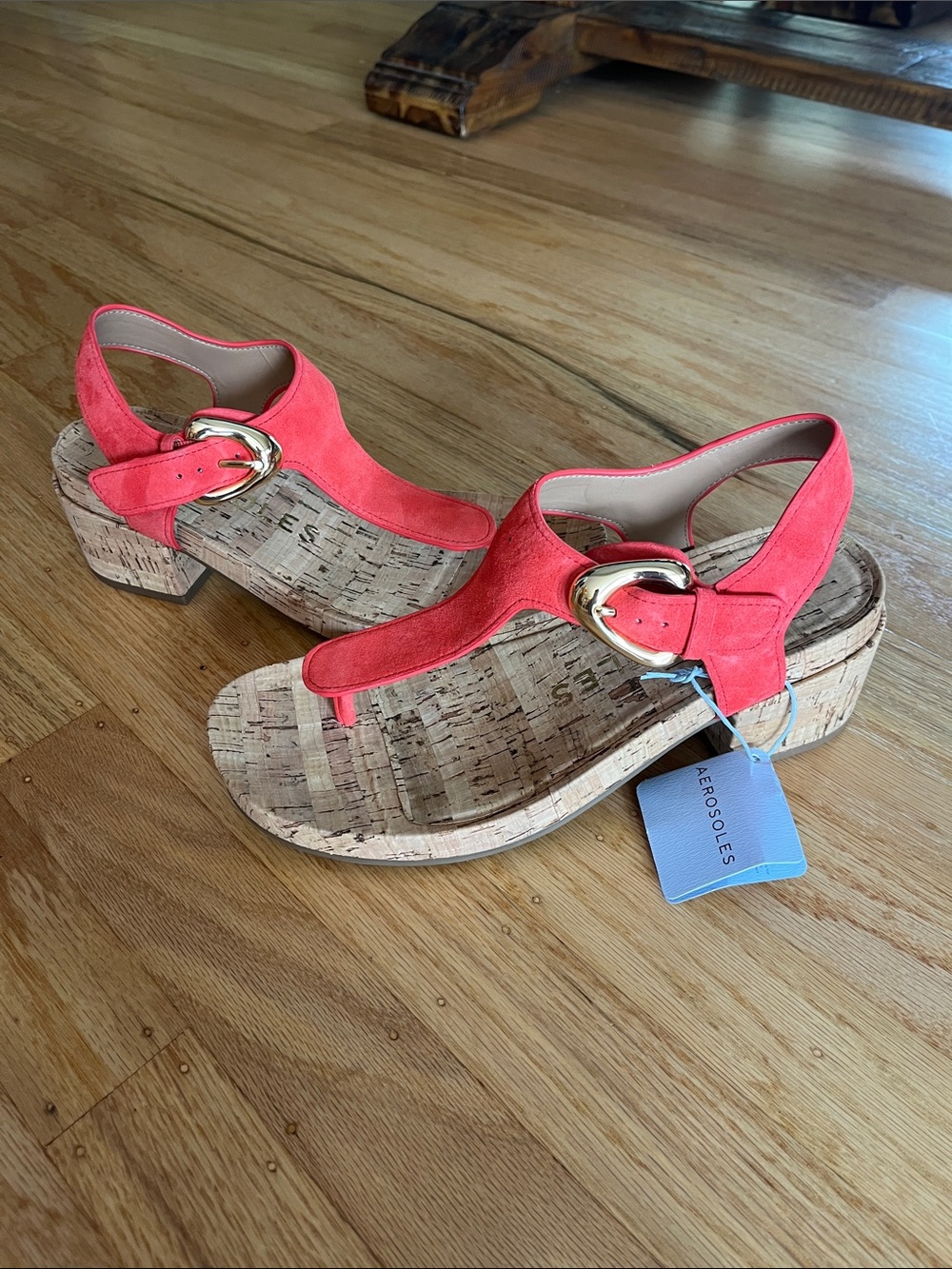 AEROSOLES Coral Suede Cork Heel Thong Sandals with Gold Buckle
